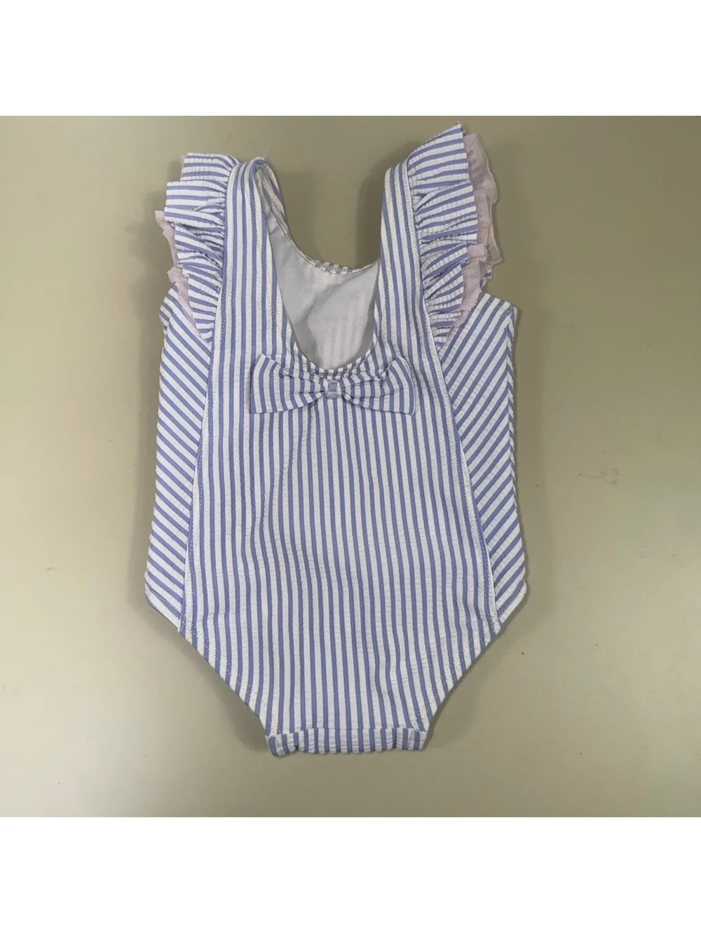 RuffleButts Girls 6-12M Blue Seersucker Ruffle Swimsuit